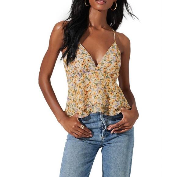 ASTR Two Tiered Yellow and Purple Floral Ruffle Tank- S - Picture 1 of 5